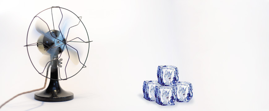 Image of a fan blowing air on a pile of icecubes.